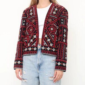 Zara Black Red Embroidered Beaded Open Front Crop Blazer Ethnic Dressy Statement
